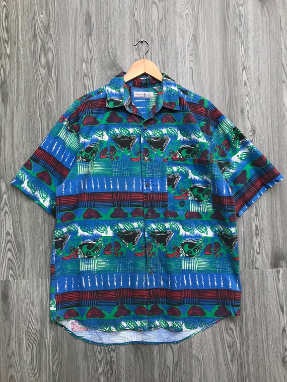 Vintage Long Lagoon Button Up Abstract Cotton Shirt Large Pop Art Multicolor Geometric Art Baroque Novelty Party Oxfords Size L