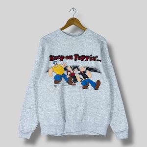 Vintage 1990s POPEYE Cartoon Sweatshirt Crewneck Medium Popeye The Sailor Man Printed Popeye And Family Cartoon Gray Pullover Sweater Size M