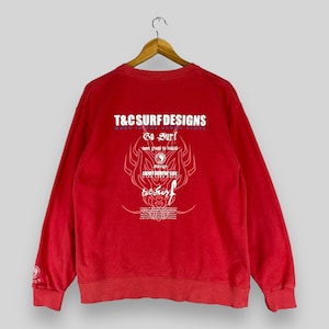 Sudadera con cuello redondo y diseño de surf T&C vintage, talla mediana, años 90, Town And Country, Pipeline, logo estampado en la espalda, estilo surfista hawaiano, color rojo, talla M