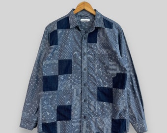 chemise en flanelle reconstituée vintage de l'an 2000 - Patchwork à carreaux moyen, chemise en jean boutonnée en flanelle robuste bohème indépendante reconstruire sur mesure taille M