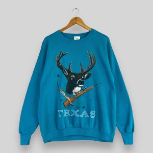 Moletom vintage de gola redonda TEXAS dos anos 90, grande, com estampa de alce, veado, floresta americana, animais selvagens, roupa esportiva, suéter de gola redonda azul Texas, tamanho G
