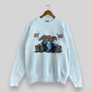 Felpa girocollo stampata con cartoni animati vintage Y2K, grande Oneita, mascotte della bandiera nazionale degli Stati Uniti, stampata con cartoni animati, maglione grigio, taglia L
