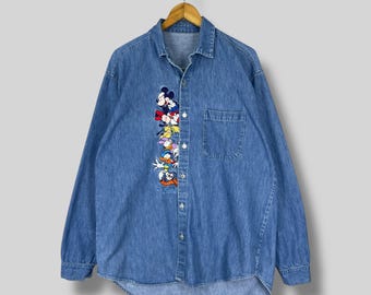 Vintage 1990s TOO CUTE Denim Shirt Xlarge Walt Disney Cartoon Characters Embroidery Disney Usa Jeans Button Up Blue Jeans Shirt Size XL