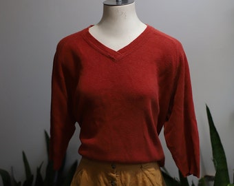 Vintage 1990s v-neck rust red pullover sweater - 3/4 sleeve