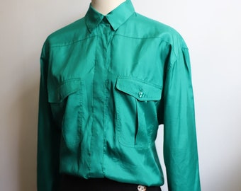 Vintage 1980s Classix langarm emerald grüne Bluse Button Down
