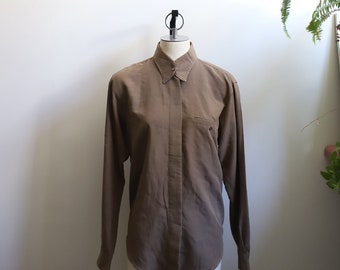 Vintage 1990s small long sleeve oxford button down shirt blouse taupe brown