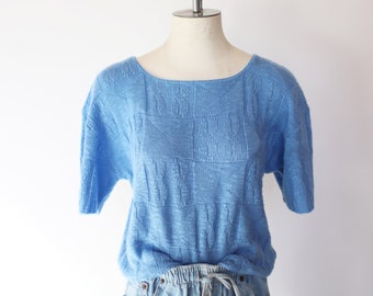 Vintage 1970s 80s light blue short sleeve knit sweater blouse