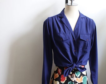 Vintage 1980s Nicola long sleeve dark blue button down blouse