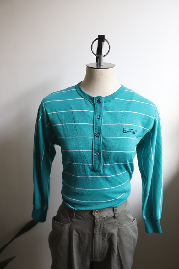 Vintage 1980s Bonjour small teal turquoise striped