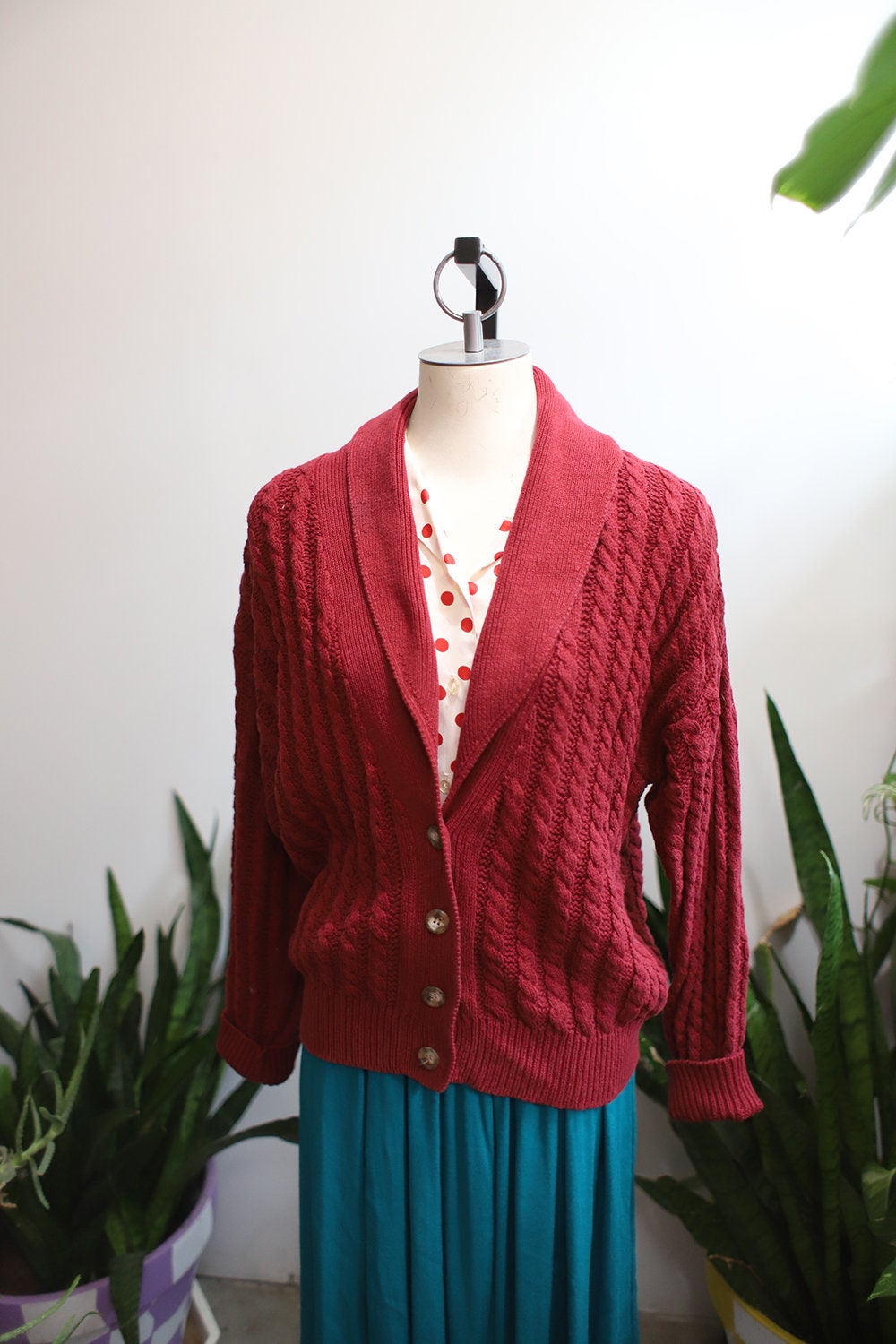 Vintage 1990s GAP Maroon Brick Red Velvet Cable Knit