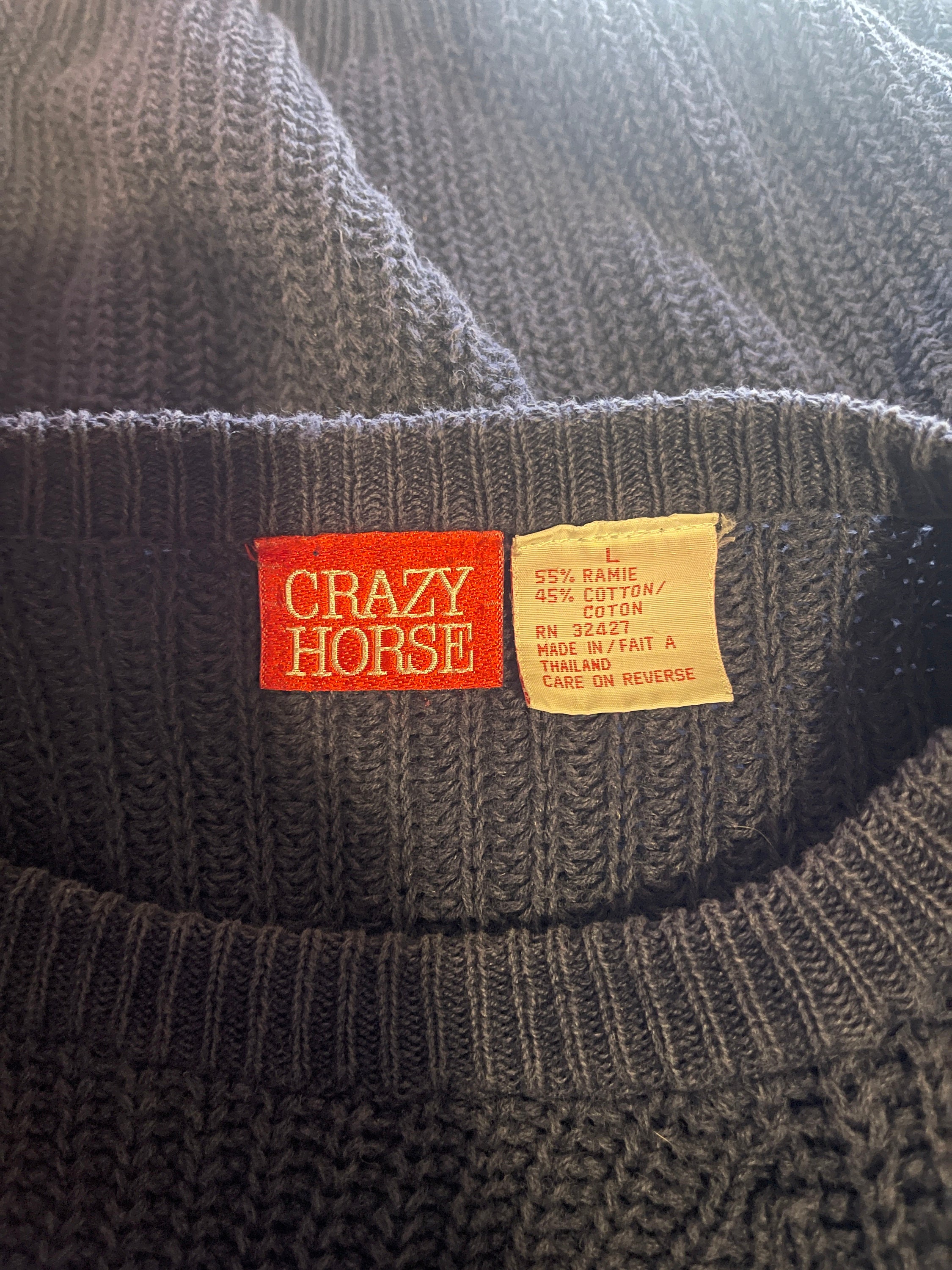 Vintage 1990s Crazy Horse Dark Blue Boxy Cropped Raglan Knit Pullover ...
