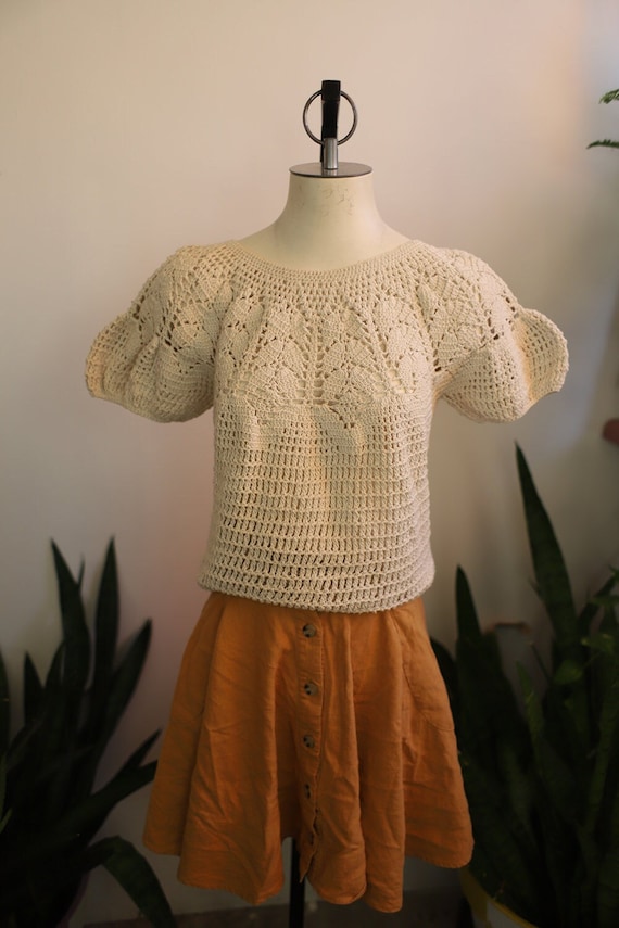 Vintage crochet puff sleeve off-white ivory blouse