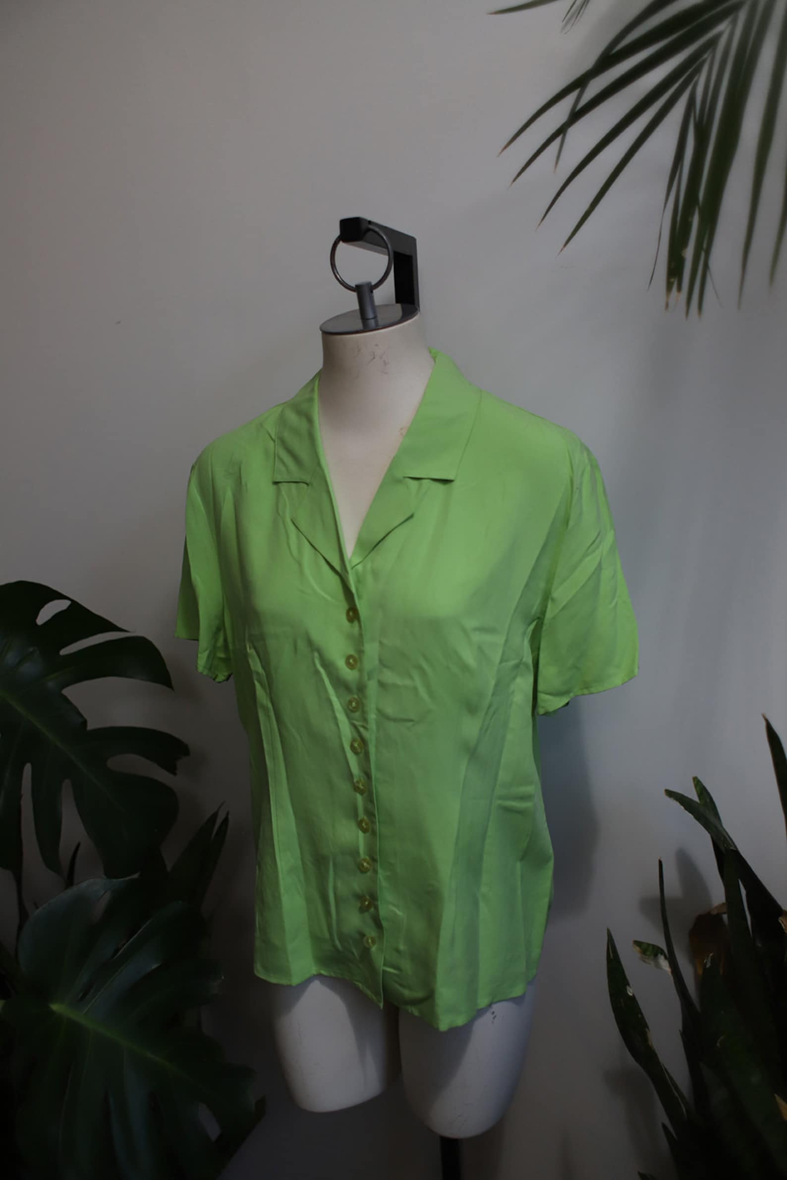 Vintage 90s Green Black Green Graphic Print Lime Snap Button Blouse 8 10 S
