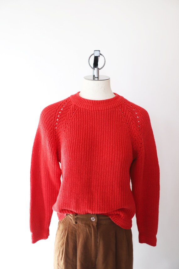 Vintage 90\u2019s Cable Knit Chunky Cardigan Red Cotton Classic size M Hunters Run Wooden Buttons