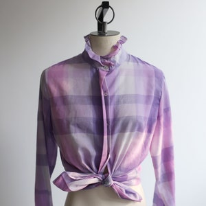 Vintage 1980s Shirt Accent pastel purple plaid patterned button up blouse long sleeve ruffle neckline mock neck