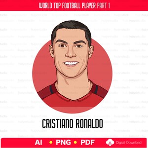Pu&ograve; includere: Un'illustrazione digitale di Cristiano Ronaldo, un famoso calciatore, che indossa una maglia rossa con bordini neri. L'illustrazione &egrave; su un cerchio rosso con sfondo bianco.