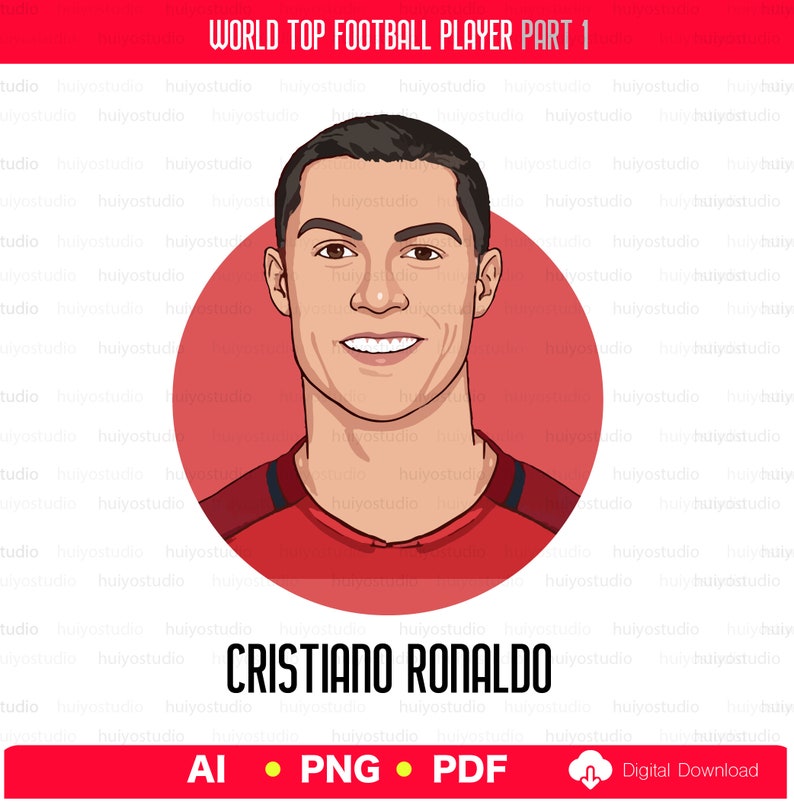 Pu&ograve; includere: Un'illustrazione digitale di Cristiano Ronaldo, un famoso calciatore, che indossa una maglia rossa con bordini neri. L'illustrazione &egrave; su un cerchio rosso con sfondo bianco.