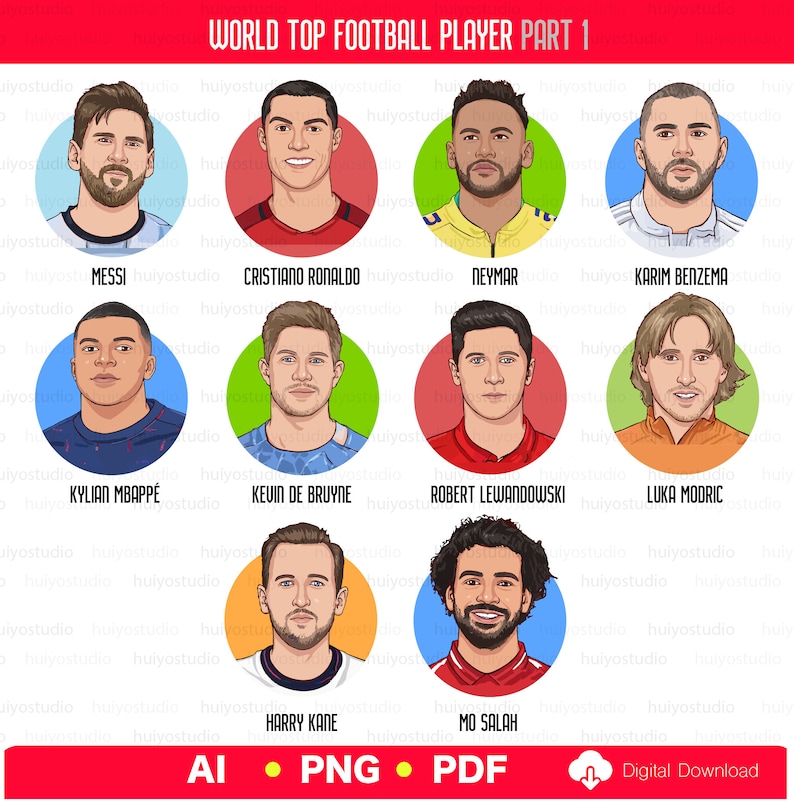 Pu&ograve; includere: Un'illustrazione digitale dei 10 migliori calciatori del mondo. L'illustrazione presenta ritratti dei giocatori in stile cartone animato in un cerchio con il loro nome sotto. I giocatori sono: Messi, Cristiano Ronaldo, Neymar, Karim Benzema, Kylian Mbapp&eacute;, Kevin De Bruyne, Robert Lewandowski, Luka Modric, Harry Kane e Mo Salah.
