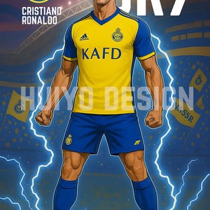 May include: Cristiano Ronaldo in a yellow and blue soccer uniform with the text "KAFD" on the front. He is standing on a blue and yellow field with lightning bolts behind him. The text "CR7" is in the top right corner of the image.