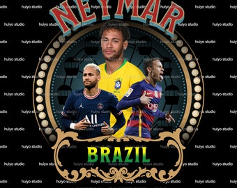 May include: A digital illustration of soccer player Neymar Jr. in a circular frame with a gold border. The frame has a clock face with Roman numerals and a background of black and white circles. The image includes the text "NEYMAR", "BRAZIL", "SANTOS - BARCELONA - PSG", and "Processed using the free version of Watermarkly. The paid version does not add this mark."