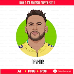 Pu&ograve; includere: Un'illustrazione digitale di un calciatore con la barba marrone e capelli corti marroni. Indossa una maglia da calcio gialla e blu con un cerchio verde dietro di lui. Il testo "NEYMAR" &egrave; sotto l'immagine.