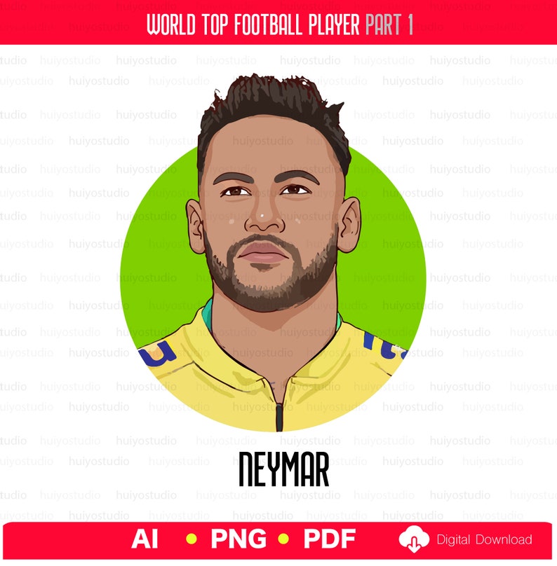 Pu&ograve; includere: Un'illustrazione digitale di un calciatore con la barba marrone e capelli corti marroni. Indossa una maglia da calcio gialla e blu con un cerchio verde dietro di lui. Il testo "NEYMAR" &egrave; sotto l'immagine.