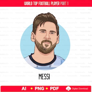 Pu&ograve; includere: Un'illustrazione di cartone animato di Lionel Messi, un famoso calciatore, che indossa una maglia blu chiaro con colletto bianco. Lo sfondo &egrave; un cerchio blu chiaro con il testo "MESSI" in nero sotto l'immagine.