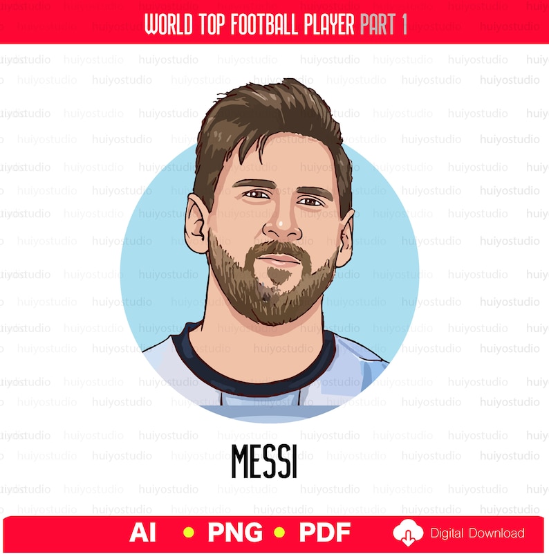 Pu&ograve; includere: Un'illustrazione di cartone animato di Lionel Messi, un famoso calciatore, che indossa una maglia blu chiaro con colletto bianco. Lo sfondo &egrave; un cerchio blu chiaro con il testo "MESSI" in nero sotto l'immagine.