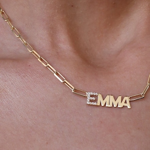 Name Necklace Paperclip, Pave Letter Necklace, Stylish Name Necklace Letter Pave Name Necklace, Custom Diamond PaperClip Necklace, Mom Gift