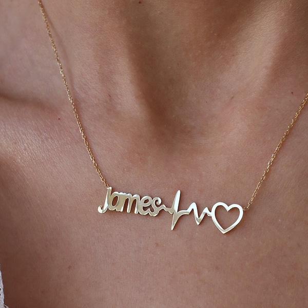 Heartbeat Name Necklace, Heart Name Necklace,  Heart Rhythm Necklace, Name Necklace with Heart, Heart Necklace, Christmas Gift, Mom Gift