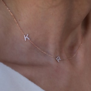 Pave Diamond Letter Necklace, Diamond Spaced Letter Necklace, Sideways Initial Necklace, Personalized Necklace Dainty, Christmas Gift