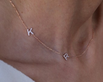 Pave Diamond Letter Necklace, Diamond Spaced Letter Necklace, Sideways Initial Necklace, Personalized Necklace Dainty, Christmas Gift
