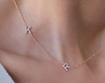 Double Initial Necklace, Sideways Initial, 2 Letter Necklace, Pave Letter Necklace, Dainty Letter Necklace, Multiple Letter Necklace