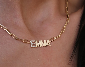 Paper Clip Chain Name, Name Necklace, Pave Initial Necklace, Pave Letter Necklace, Dangle Name Necklace, Cz Stone Necklace