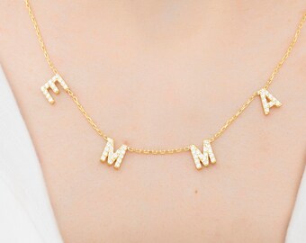 Name Pave Necklace, Pave Letter Necklace, CZ Name Necklace, Mom Gift, CZ Name Necklace, Dainty Necklace, Anniversary Gift,