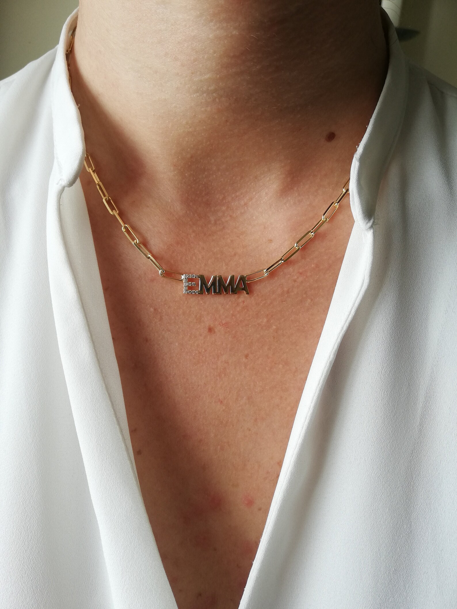 Name Necklace Paperclip Pave Letter Necklace Stylish Name Etsy