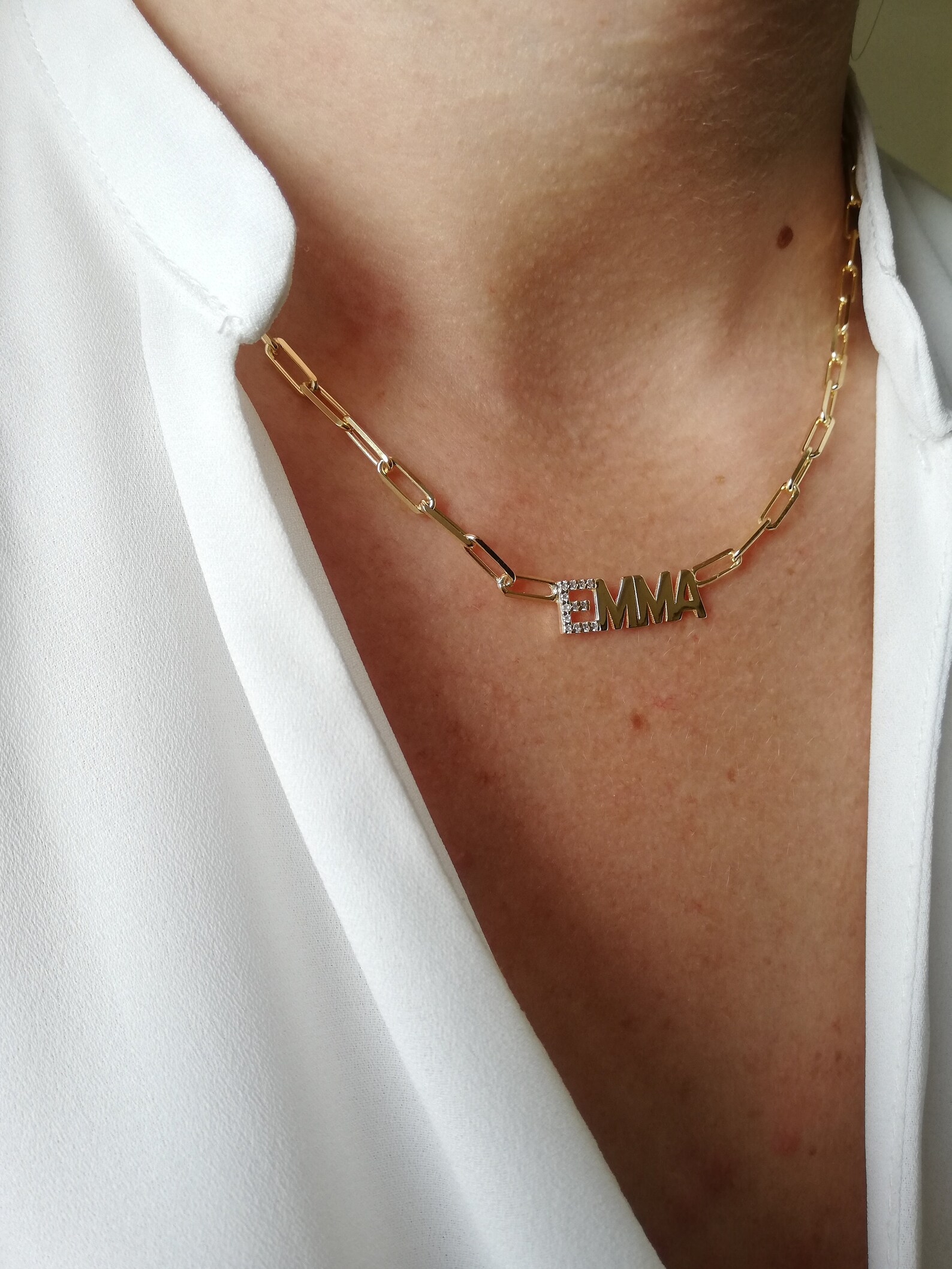 Name Necklace Paperclip Pave Letter Necklace Stylish Name Etsy