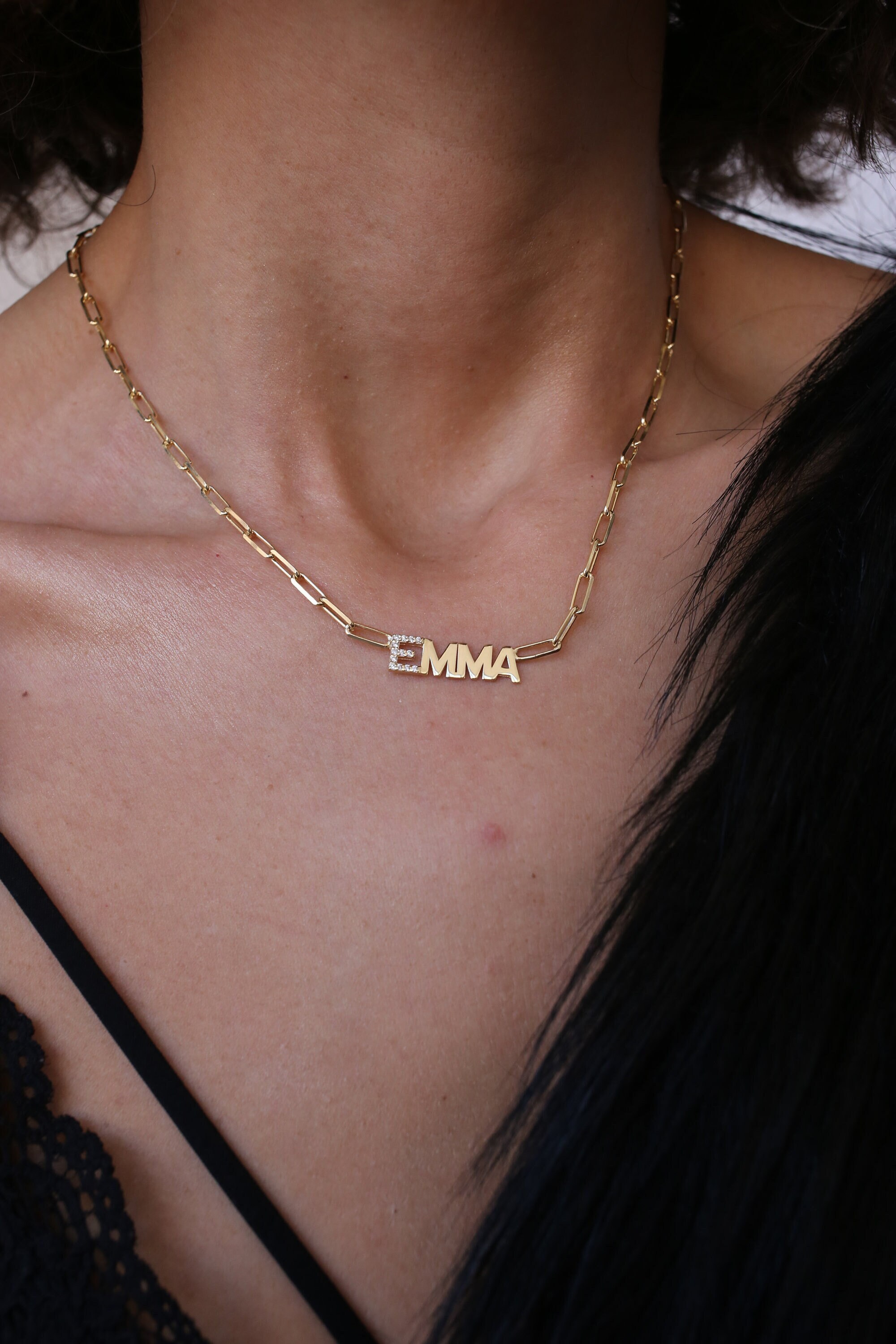 Name Necklace Paperclip, Pave Letter Necklace, Stylish Name Necklace Letter Pave Name Necklace, Custom Diamond PaperClip Necklace, Mom Gift