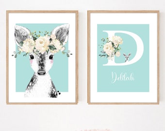 Personalized Baby Girl Name Wall Art Set of 2 Digital Download, Whimsical Woodland Animal Print, Deer Nursery Art Print, Toddler Room Decor