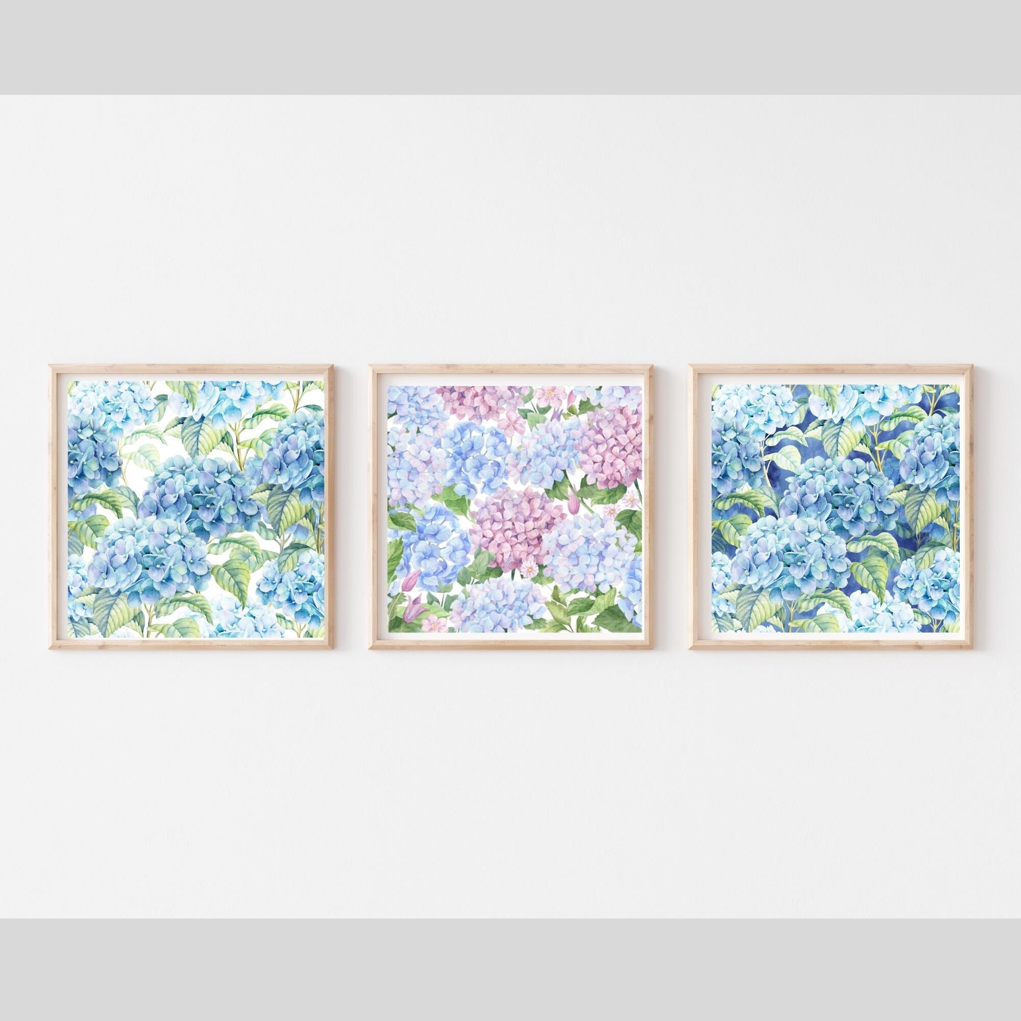 Hydrangea Wall Art, Hampton Style Decor, Set of 3 Square Prints, Gift