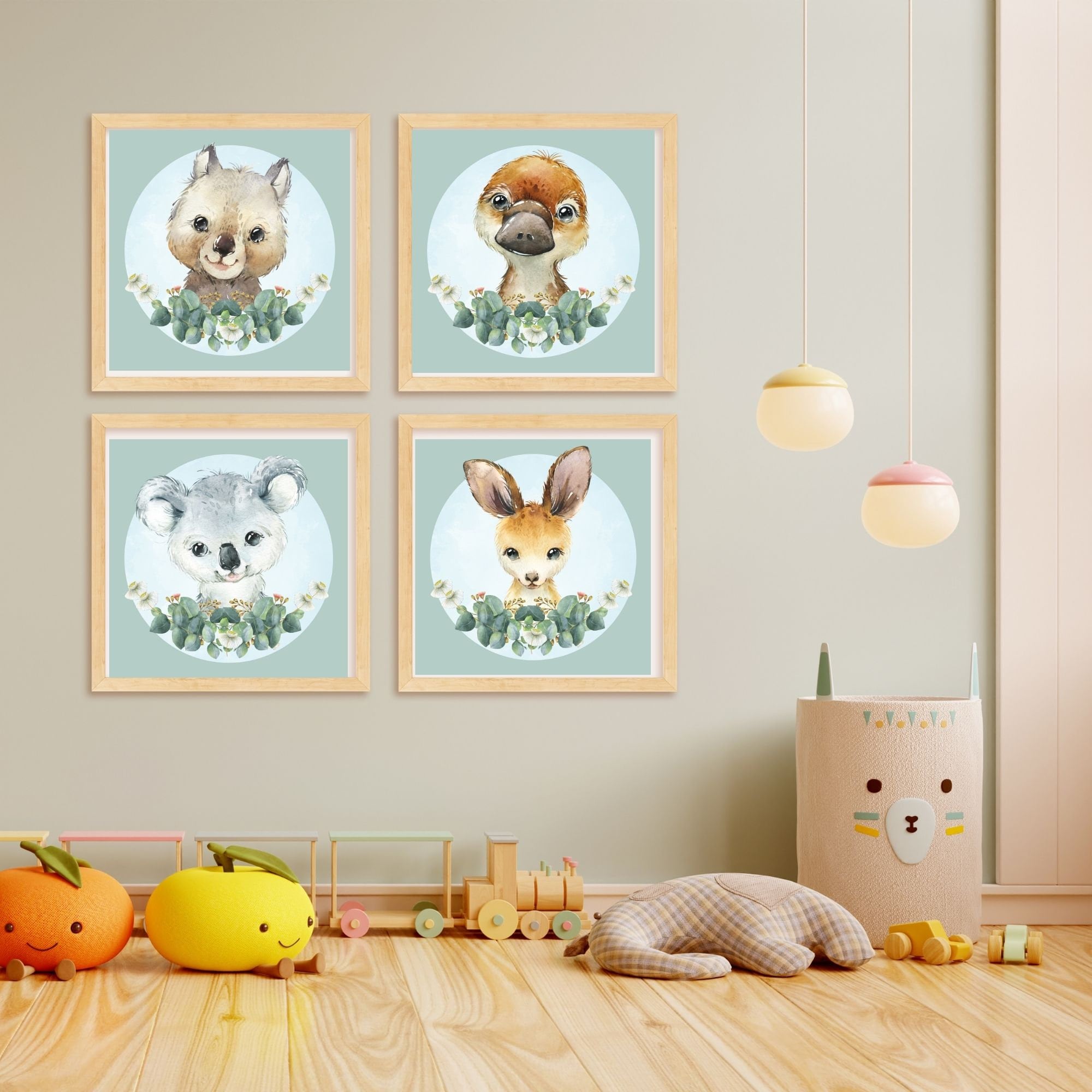 Australian Baby Animal Nursery Prints, Set of 4 Square Prints, Above