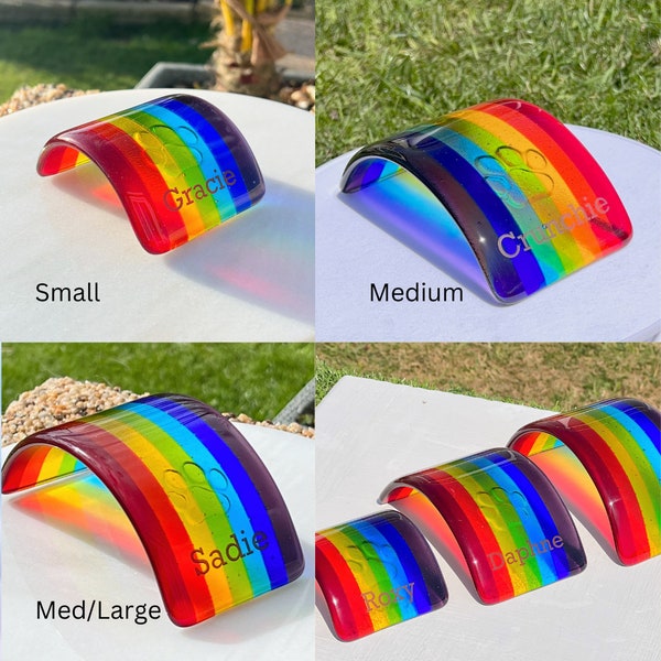 Glass Rainbow Bridge Pet Memorial, Personalised with Name and or Paw Print, Gift Box Option, Gift Card option, Available in 3 sizes
