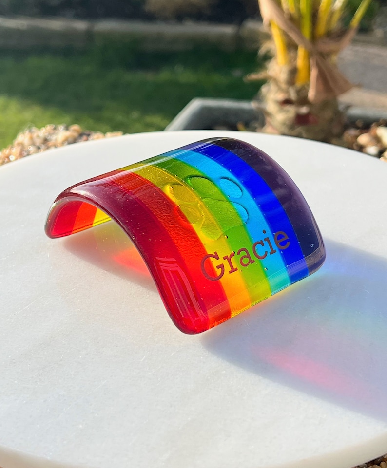 Glass Rainbow Bridge Pet Memorial, personalizado con nombre o huella de pata, opción de caja de regalo, opción de tarjeta de regalo, disponible en 3 tamaños imagen 3