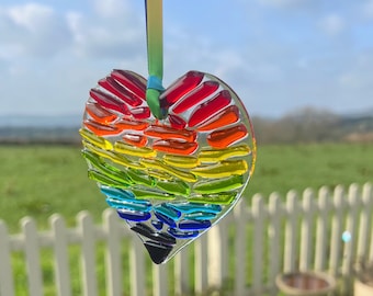 Glass Heart Rainbow Sun Catcher - Pet Memorial, Handmade Fused Glass