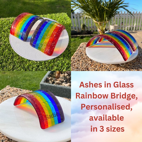 Ashes in Glass Rainbow Bridge, Personalised Pet Memorial, Ashes/Name/Paw, Available in 3 Sizes. Gift Card available.