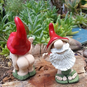 Könnte beinhalten: Zwei Keramik-Gartenzwerge mit roten Mützen und weißen Bärten. Der Zwerg links ist nackt und der Zwerg rechts trägt ein grünes und weißes Outfit. Beide Zwerge stehen auf einem Baumstumpf.