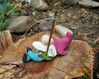 Handmade Mini Garden Gnome Sleeping with Fishing Pole and Fish for Fairy Garden