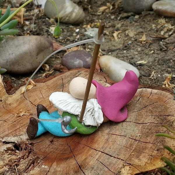 Handmade Mini Garden Gnome Sleeping with Fishing Pole and Fish for Fairy Garden