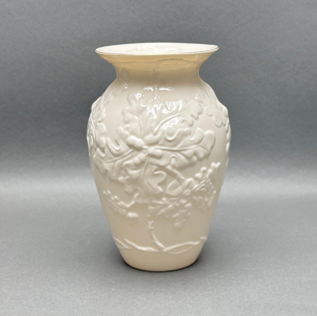 Vintage Belleek Beige Porcelain Vase Adorned With Oak Leaves Etsy