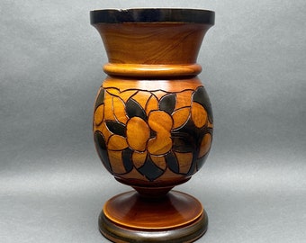 Vintage Hand Made Wood Pedestal Urn Vessel/Vase With Carved Florals and Leaves Motif
